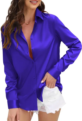 Miniatura 28 de CUNLIN Camisas de satén de seda suave con botones de leopardo para mujer, camisa de trabajo de manga larga de seda, blusas de vestir, tops