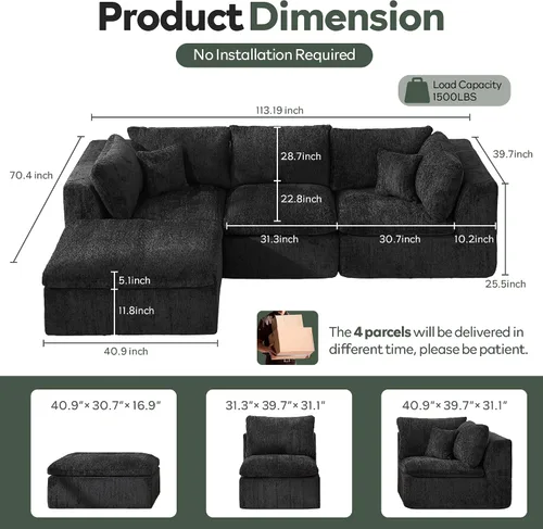 Miniatura 2 de STHOUYN Sofás Seccionales Modernos Negros de 114" sin Estructura para Sala de Estar, Sofá Nube Modular Negro en Forma de L con Otomana, Cómodo Sofá