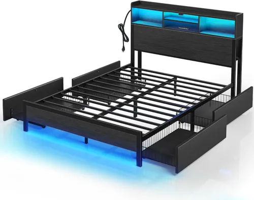 Rolanstar Base de cama matrimonial con almacenamiento, plataforma de 4 cajones con estación de carga USB, luces LED integradas y cabecero de