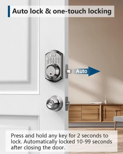 Miniatura 3 de TEEHO TE001 Cerradura de puerta de entrada sin llave con teclado, cerradura inteligente para puerta delantera con 2 llaves, bloqueo automático