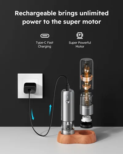 Miniatura 3 de FORLIM Mini Molinillo Eléctrico de Sal y Pimienta con Base de Madera, Recargable por USB, Pequeño Molinillo Automático de Sal y Pimienta