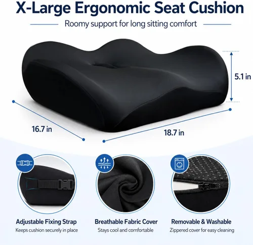 Miniatura 5 de Cojín de asiento de espuma viscoelástica extra grande para silla de oficina, almohadilla de alta densidad con parte inferior antideslizante y correa