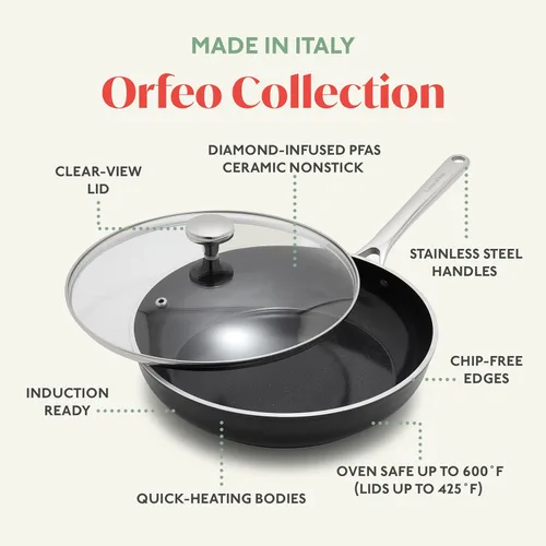 Miniatura 6 de Orfeo - Juego de utensilios de cocina antiadherentes de 10 piezas, fabricado en Italia, ollas y sartenes de cerámica de diamante sin PFAS, listas