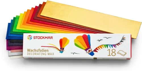 Stockmar Hojas estrechas de cera de abeja para decoración – Caja de 18 colores surtidos en formato de hoja delgada para decoración de velas, adornos