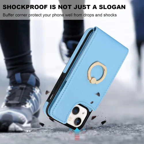 Miniatura 7 de Folosu Funda compatible con iPhone 13 Mini con soporte para tarjetas, rotación de 360°, soporte de anillo de dedo con función atril, protección Azul