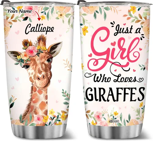 BECHUSKY Vaso de acero inoxidable personalizado con aislamiento al vacío de flores de jirafa con tapa Just A Girl Who Loves Giraffes, taza de café