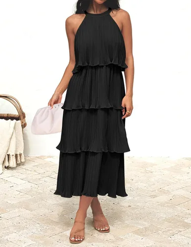 Miniatura 2 de Zesica Vestido de verano sin mangas, con cuello halter y volantes escalonados, de gasa, con vuelo, largo por debajo de la rodilla