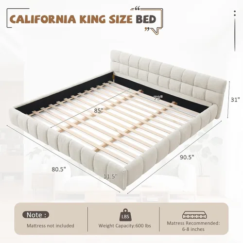 Miniatura 2 de Base de cama tapizada tamaño California King con tela de felpilla gruesa, cama de plataforma con cabecero copetudo, marco de madera maciza, diseño