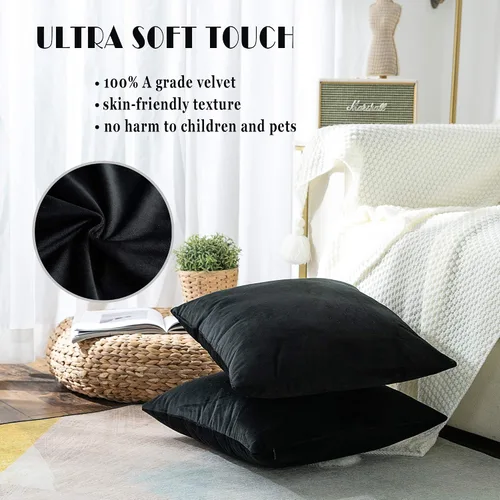 Miniatura 2 de Stellhome Fundas de Almohadas Decorativas Cuadradas de Terciopelo Suave para Cama, Sofá, Diván, Banco, 16 x 16 pulgadas (40 x 40 cm), Negro, Paquete
