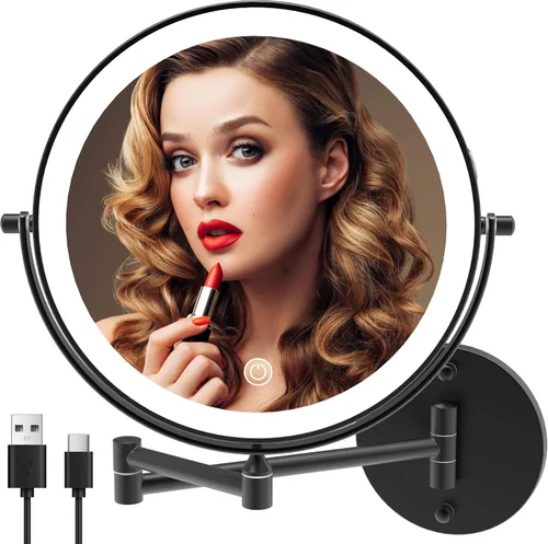 Miniatura 7 de Espejo de Tocador de Maquillaje Iluminado Recargable Montado en la Pared de 8 Pulgadas, Doble Cara 1X 10X con Aumento Espejo de Baño, 3