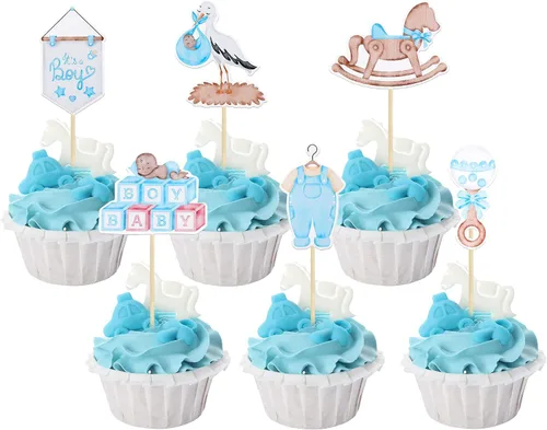 Miniatura 14 de Gyufise 24 piezas de decoración de cupcakes para niños o niñas, tutús para retoque de género, decoración de rugby para fiesta de revelación