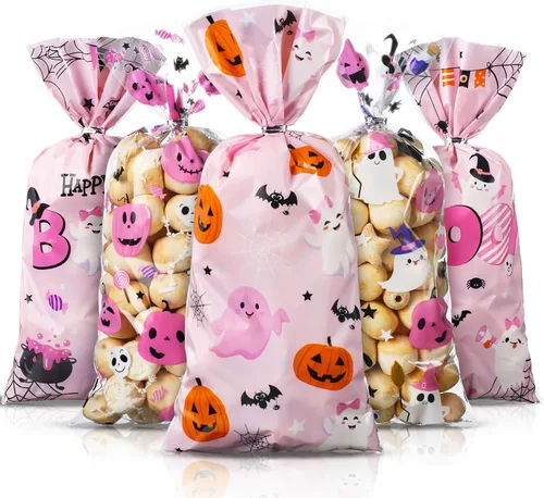 Yeaqee 100 bolsas de regalo Little Boo Baby Shower – Bolsas rosadas de dulces de Halloween – Bolsas de regalo a granel para niños regalos de fiesta