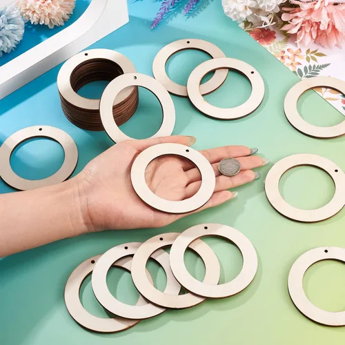 Miniatura 3 de Craftdady 40 colgantes redondos planos de madera sin terminar de 3.150 in de círculo grande para anillos de enlace para bricolaje, joyería