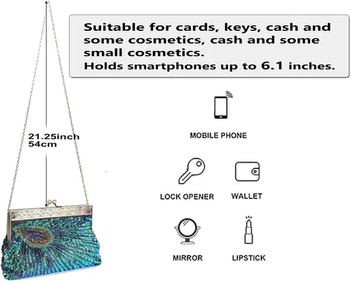 Miniatura 3 de Bolso de noche vintage de lentejuelas con cuentas de pavo real, bolso de boda para fiesta de los años 20 Azul (Peacock Blue)