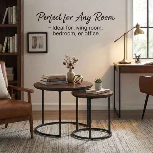 Miniatura 5 de Juego de 2 mesas de centro redondas anidadas, mesas anidables de madera con patrón de mármol moderno, mesa auxiliar apilable minimalista para sala