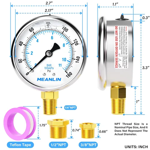 Miniatura 2 de MEANLIN MEASURE - Manómetro de acero inoxidable, relleno de líquido, esfera con cara de 2.5 pulgadas, NPT de 1/4 de pulgada, agua, aceite y aire