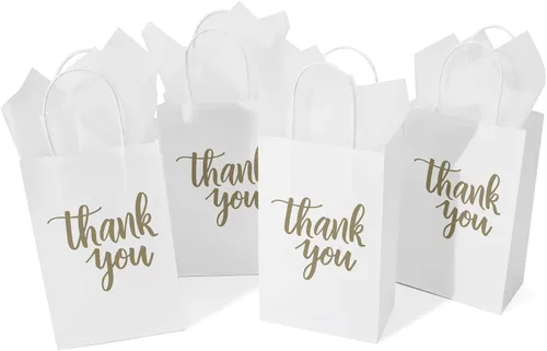 Miniatura 9 de DjinnGlory Paquete de 50 bolsas pequeñas de regalo de agradecimiento con asas, bolsas de papel blanco de 9 x 5.5 x 3.15 pulgadas con papel de seda