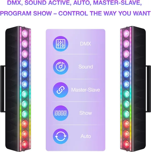 Miniatura 5 de Barra de luz LED para lavado de escenario, paquete de 2: mezcla de colores RGBW de 60 W - Tiras RGB de doble cara - DMX y activado por sonido