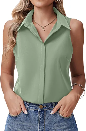 Miniatura 15 de HOTOUCH Camisas sin mangas con botones ocultos para mujer, frente con botones ocultos, cuello, blusas casuales elegantes holgadas para oficina