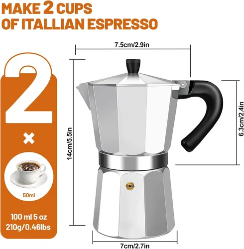 Miniatura 2 de Estufa de aluminio de 2 tazas de café expreso Moka Pot Express Percolator Italiano Classic Mocha Máquina de café para café italiano y cubano Plateado