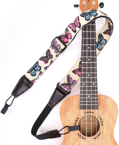 Ukulele Strap No Drill, Adjustable Double J Hook Clip on Uke Shoulder Strap, Hawaiian Butterfly Printing Hands Free Ukelele Strap, Easy to Use and