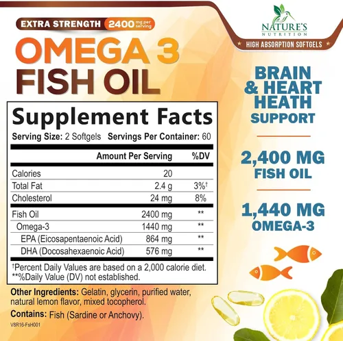 Miniatura 2 de Suplementos de aceite de pescado Omega 3 – 2400 mg de aceite de pescado por porción – Omega-3 de triple fuerza con ácidos grasos EPA y DHA – Apoyo