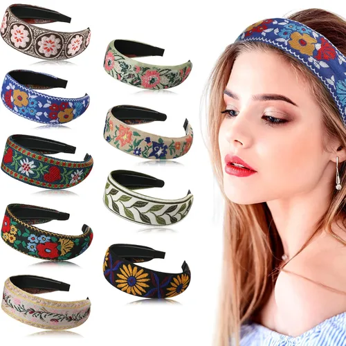 Geosar Paquete de 9 diademas bordadas bohemias para mujer, bohemia, floral, hechas a mano, anchas, estilo étnico, estilo étnico, turbante para