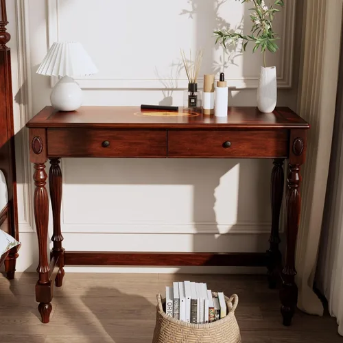 Miniatura 8 de Escritorio de madera maciza para computadora con 2 cajones de almacenamiento, mesa de tocador tradicional, escritorio pequeño de oficina en casa