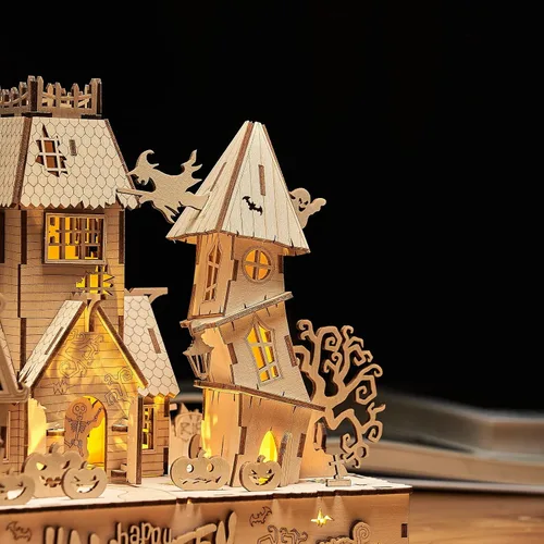 Miniatura 4 de Rompecabezas de madera 3D para Halloween, incluye tira de luz, rompecabezas y rompecabezas para Halloween/cumpleaños, regalos para adultos