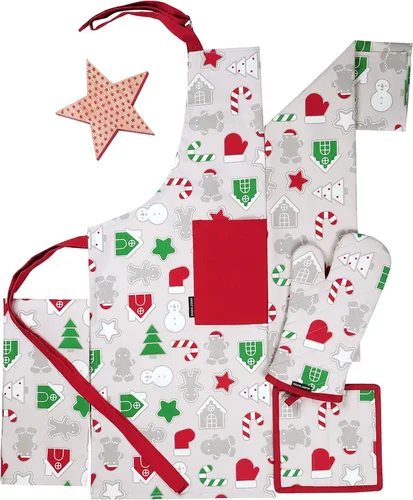 AMOUR INFINI Juego de 4 delantales, toalla de cocina, guante de horno y soporte para ollas en un divertido diseño navideño | Oeko-Tex 100% algodón