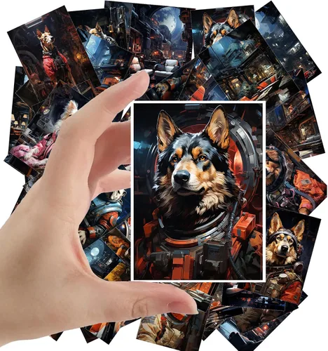 Miniatura 8 de Calcomanías grandes, 24 piezas (2.5 x 3.5 pulgadas cada uno) Gatos de pandillas y perros de pandillas sentados en el bar nocturno en Ciberpunk Town