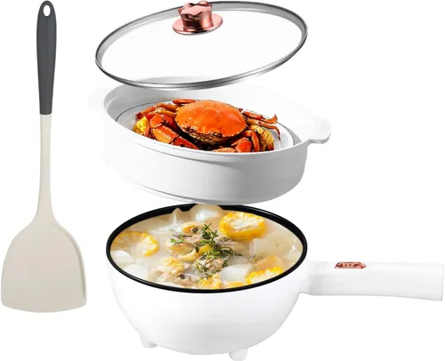 Olla eléctrica con vaporizador, sartén antiadherente de 3 L, olla rápida de fideos con espátula, mini olla para carne, huevo, ramen, cocina