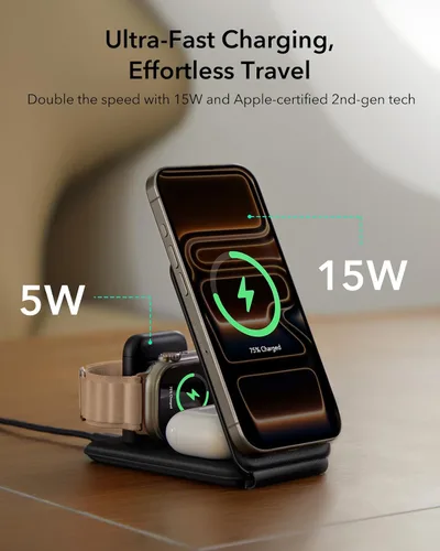 Miniatura 2 de ESR Estación de Carga 3 en 1 para Apple, Cargador Certificado para Apple Watch, Soporte de Cargador MagSafe de 15W para iPhone, Cargador de Viaje