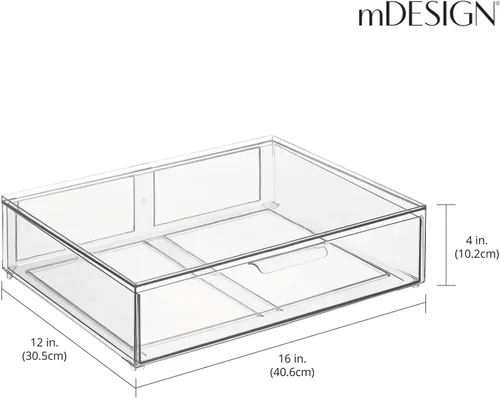 Miniatura 2 de mDesign Contenedor organizador de almacenamiento de baño apilable de plástico ancho con cajón extraíble para gabinete, tocador, estante, armario