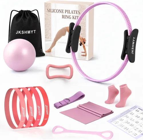 Miniatura 9 de JKSHMYT Pilates Ring Kit for Women, Pilates Equipment – 14.5" Home Magic Circle Workout with Pilates Ball,Resistance Bands,Better me Pilates Púrpura