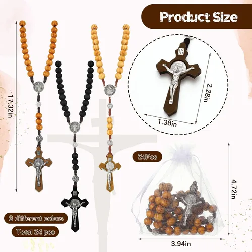 Miniatura 9 de Juego de 24 collares de rosario de cuentas de madera tallada con rosario católico con cruz de Jesús, cuentas de rosario de madera maciza con bolsa