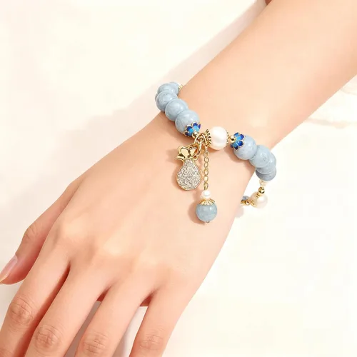 Miniatura 2 de RITIM Pulsera de aguamarina natural para mujer, pulsera de piedra de cristal curativo con perla, energía positiva, regalo de joyería de buena suerte