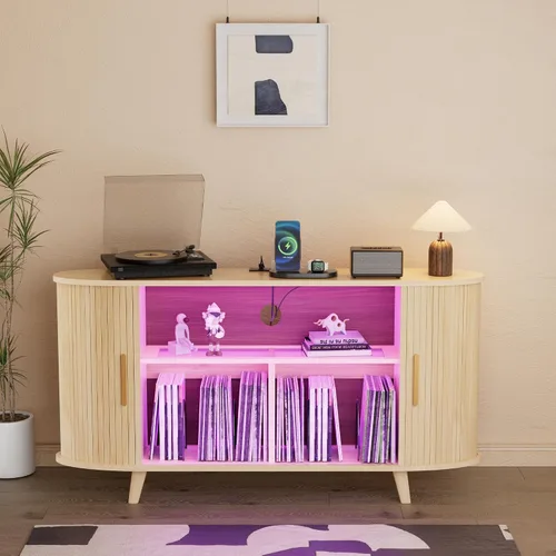 Miniatura 10 de Soporte para tocadiscos, gabinete de almacenamiento de discos de 39 pulgadas con estación de carga y puertos USB, soporte para tocadiscos
