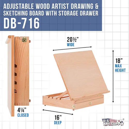 Miniatura 2 de U.S. Art Supply Tablero de dibujo de madera grande de 20-1/2" x 16", caballete de mesa ajustable para pintar y dibujar - Tablero de dibujo con 5