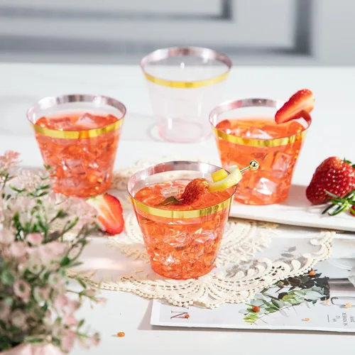 Miniatura 4 de LUODA 150 vasos de plástico rosa, vasos desechables transparentes de 9 onzas con borde dorado, vasos de plástico con borde dorado, vasos de plástico