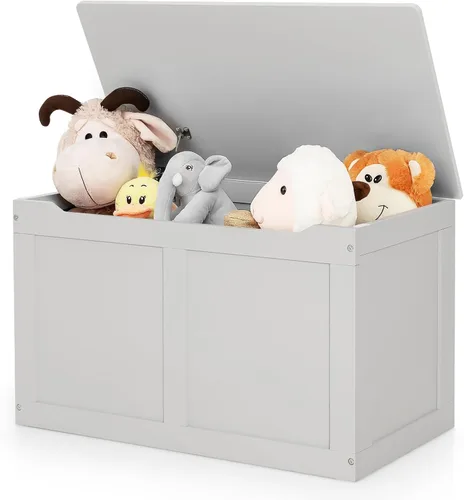 HONEY JOY Caja de juguetes de madera para niños, banco grande de almacenamiento de juguetes 2 en 1 con tapa abatible, 2 bisagras de seguridad y asa