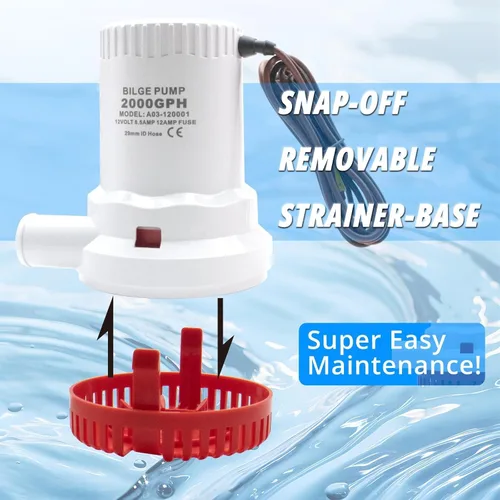 Miniatura 5 de Bomba de sentina no automática de 12 V, 2000 GPH, bomba de agua sumergible para barco marino con motor refrigerado por agua, fusible de 12 A, salida