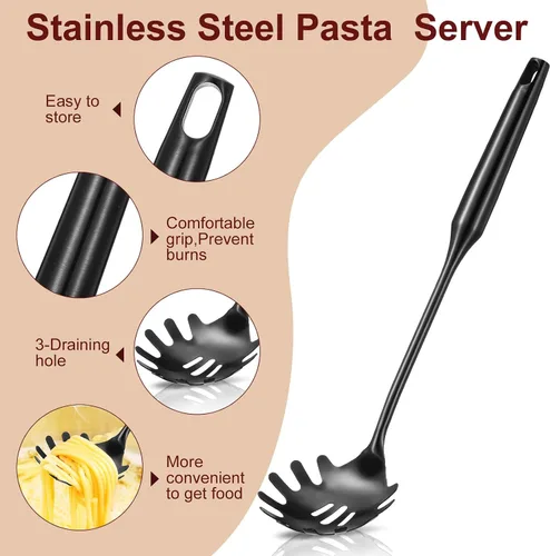 Miniatura 4 de Patelai Juego de cuchara de espagueti y pinzas para pasta, herramientas de servicio de fideos de mango largo con orificios de drenaje, agarre Negro