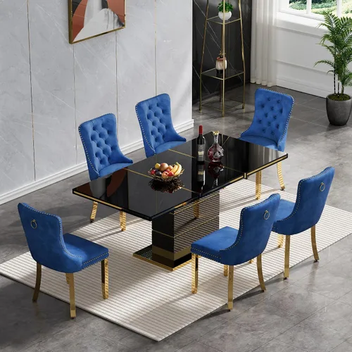 Miniatura 16 de Juego de 5 mesas de comedor negras brillantes para 4, mesa de cocina moderna de madera de alto brillo con 4 sillas de terciopelo beige, mesas