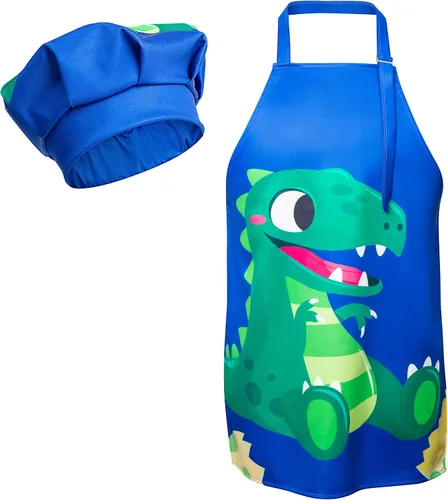 Miniatura 12 de R HORSE Juego de delantal y sombrero de chef para niños, 2 piezas, mini parrilla ajustable, delantal de cocina para niños, juego de rol, juguete