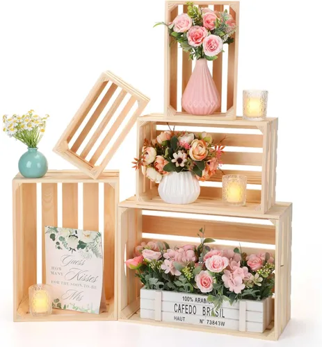 Miniatura 11 de Soaoo 5 cajas decorativas de madera para anidar para exhibición de almacenamiento, 5 tamaños, cajas de almacenamiento decorativas de madera rústica