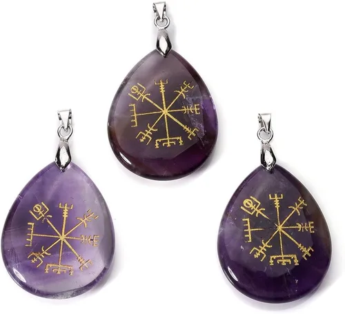 Miniatura 3 de Jovivi Collar chapado en plata con brújula vikinga Vegvisir, piedra curativa, collar de cristal con colgante de chakra de lágrima, 24 pulgadas