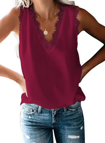 Miniatura 248 de VIISHOW - Camiseta sin mangas, sexy, con cuello en V y bordes de encaje para mujer, camisola de vestir, camisas de gasa, sin mangas, casuales