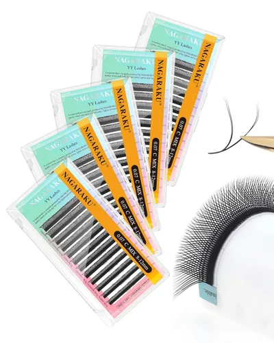 Miniatura 70 de Suministros de extensiones de pestañas NAGARAKU yy, pestañas falsas 0.05mm rizado D, bandeja mixta 8-12mm, prefabricadas 4D, abanico fácil, volumen