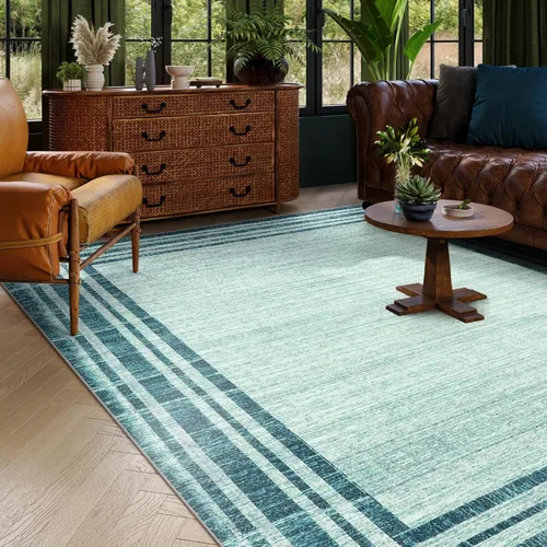 Miniatura 109 de Alfombra de pasillo moderna abstracta Lahome, alfombra lavable turquesa de 2 x 6 pulgadas para entrada, alfombra antideslizante de bajo pelo